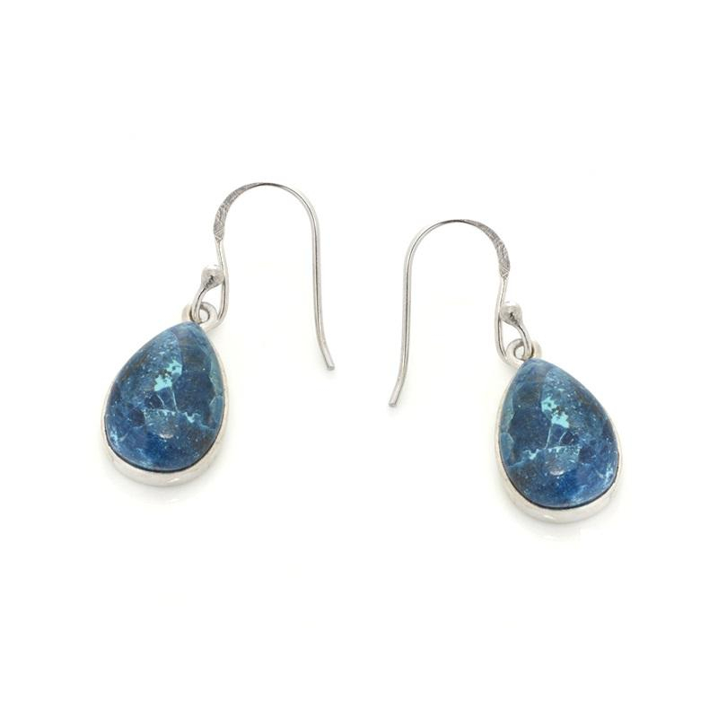 Earrings with natural blue shattuckite, in rhodium silver 925