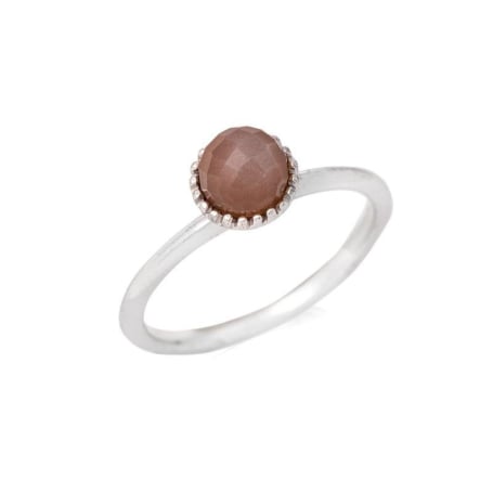 Anello con pallina di pietra di luna rosa naturale, in argento 925 rodiato