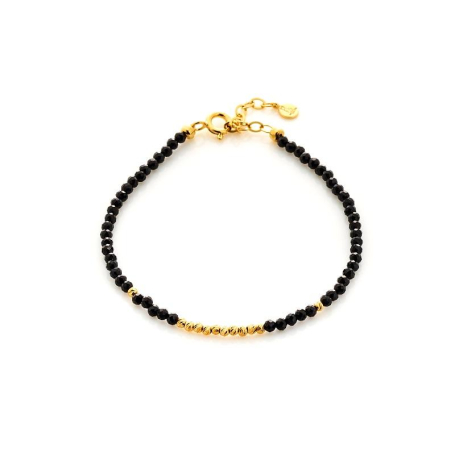 Pulsera con espinela negra natural, en plata dorado 925, longitud 15,5 + 3 cm
