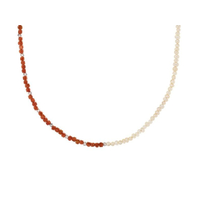 Colar com arenito vermelho natural e pérola, prata 925 banhada a ródio, comprimento 33 + 5 cm