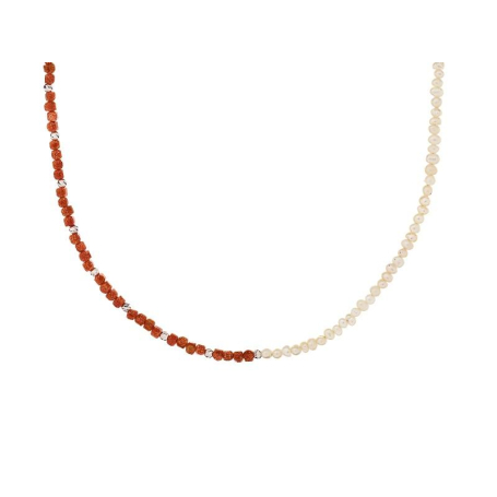Collier avec grès rouge naturel et perle, argent rhodié 925, longueur 33 + 5 cm