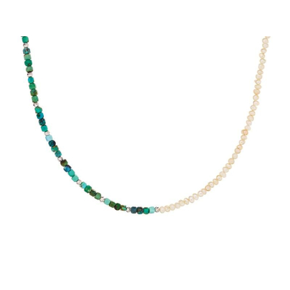 Collier avec turquoise naturelle et perle, argent rhodié, 33 + 5 cm