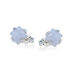 Square natural blue lace agate stud earrings, in 925 rhodium silver