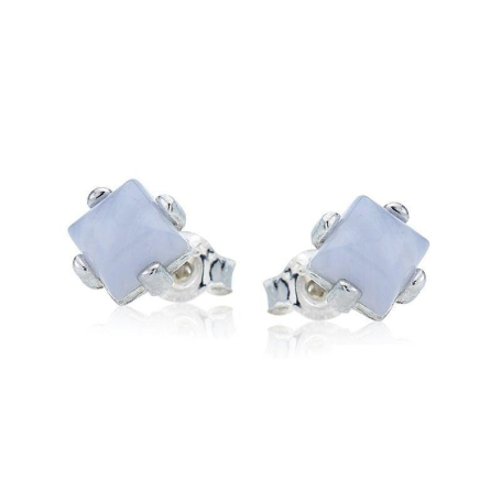 Square natural blue lace agate stud earrings, in 925 rhodium silver
