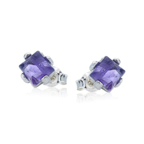 Orecchini a bottone con ametista viola naturale quadrata, in argento 925 rodiato