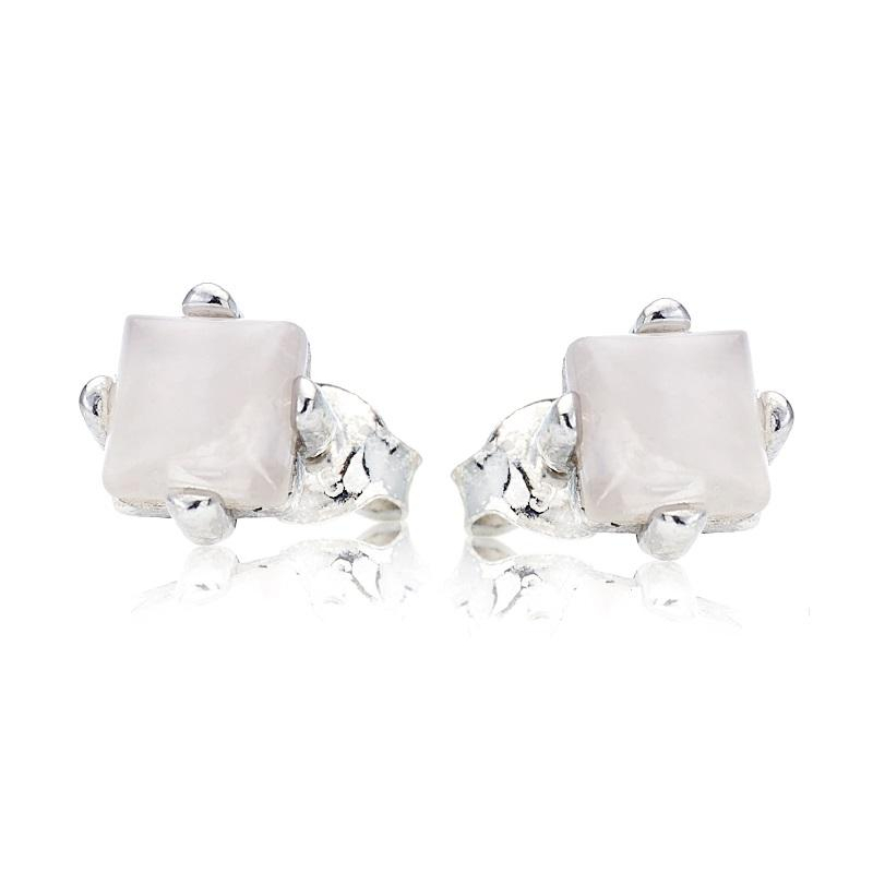 Square white moonstone stud earrings, in 925 rhodium silver