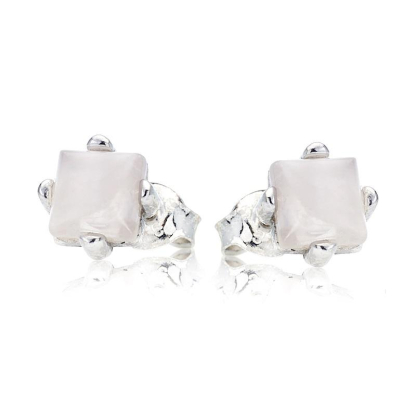 Square white moonstone stud earrings, in 925 rhodium silver