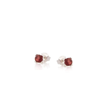 Stud earrings with round natural red garnet, in 925 rhodium silver