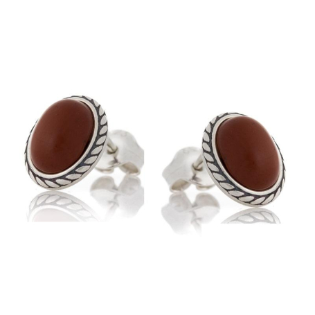 Cercei tip tip cu jasp roșu natural oval, din argint învechit 925