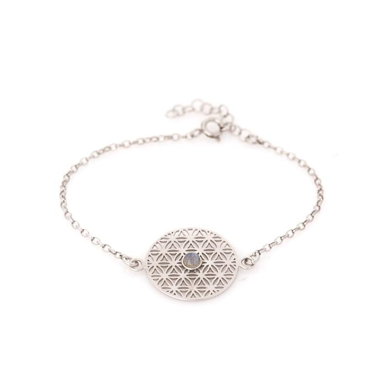 Bracelet fleur de vie avec labradorite multicolore, argent rhodié 925, 16+ 3 cm