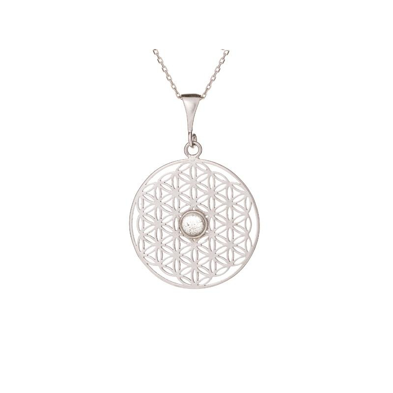 Pandantiv Floarea vieții cu labradorit multicolor, argint 925 placat cu rodiu, 2,7+1 cm
