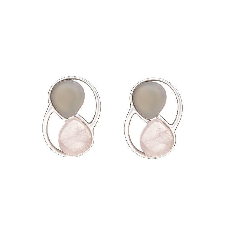 Pendientes con cuarzo rosa y ágata gris, en plata 925 rodiada