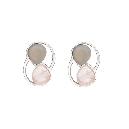 Boucles d'oreilles avec quartz rose et agate grise, en argent rhodié 925