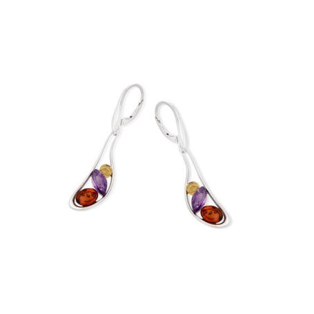 Earrings with amethyst and amber, in rhodium-plated silver 925