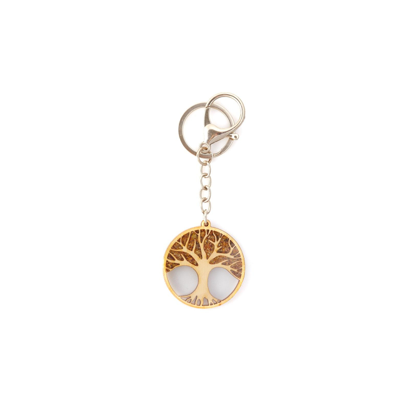 Levensboom sleutelhanger in berken, metaal en barnsteen, diameter 4 cm