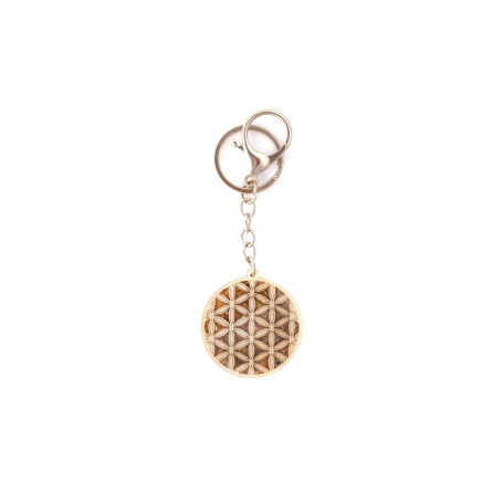 Llavero flor de la vida de abedul, metal y ámbar, diámetro 4 cm