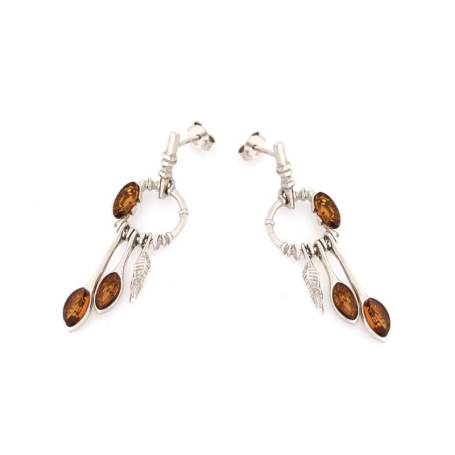 Earrings with natural cognac amber, in 925 rhodium silver