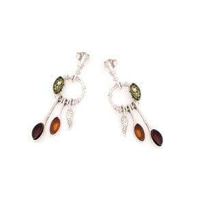 Boucles d'oreilles avec ambre multicolore de la mer Baltique, argent rhodié 925