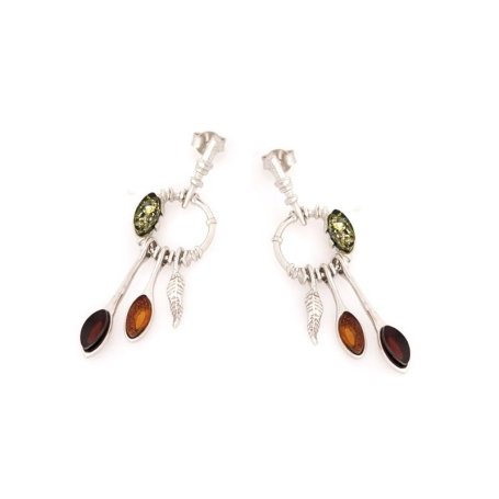 Earrings with multi-colored Baltic amber, rhodium-plated silver 925