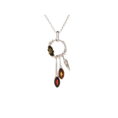Collier avec ambre multicolore, en argent rhodié 925, longueur 42 + 3 cm