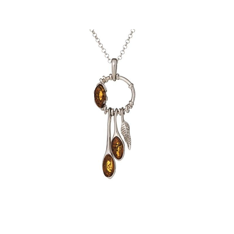 Colar com âmbar conhaque, em prata 925 banhada a ródio, comprimento 42 + 3 cm