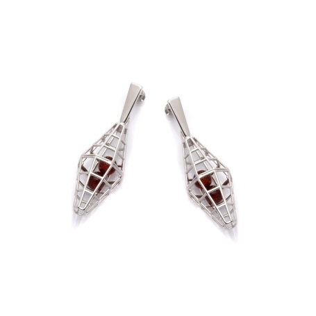 Boucles d'oreilles avec ambre cognac naturel, en argent rhodié 925