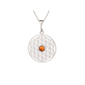 Flower of life pendant with cognac amber, 925 rhodium silver, diameter 2.7+1 cm