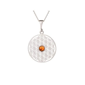 Levensbloem hanger met cognac amber, 925 gerhodineerd zilver, diameter 2,7+1 cm