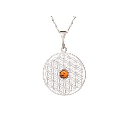 Ciondolo fiore della vita con ambra cognac, argento 925 rodiato, diametro 2,7+1 cm