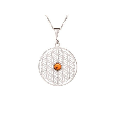 Pendentif fleur de vie avec ambre cognac, argent rhodié 925, diamètre 2,7+1 cm