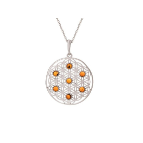 Pendentif fleur de vie avec ambre cognac, argent rhodié 925, diamètre 2,7+1 cm