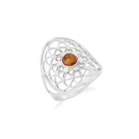 Bague fleur de vie avec ambre cognac naturel, en argent rhodié 925