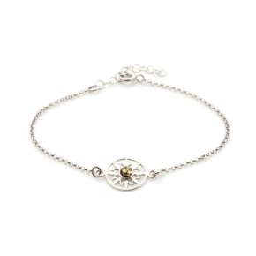Bracelet soleil avec ambre vert rond, en argent rhodié 925, longueur 17+3 cm