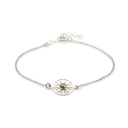 Bracelet soleil avec ambre vert rond, en argent rhodié 925, longueur 17+3 cm