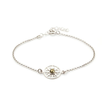 Sun bracelet with round green amber, in 925 rhodium silver, length 17+3 cm