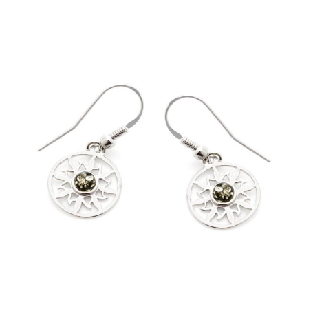 Boucles d'oreilles soleil avec ambre vert naturel, en argent rhodié 925