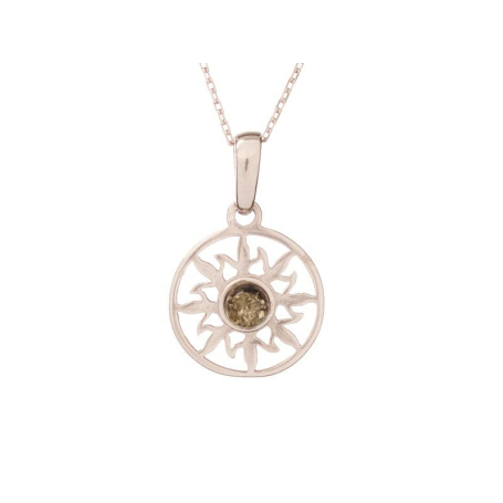 Sun pendant with round green amber, in 925 rhodium silver, diameter 1.5+1 cm