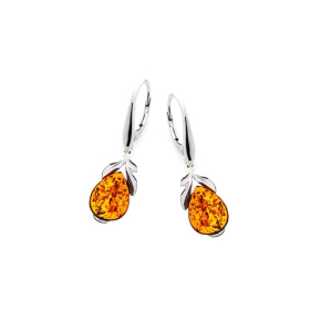 Orecchini pendenti con goccia di ambra naturale cognac, argento 925 rodiato