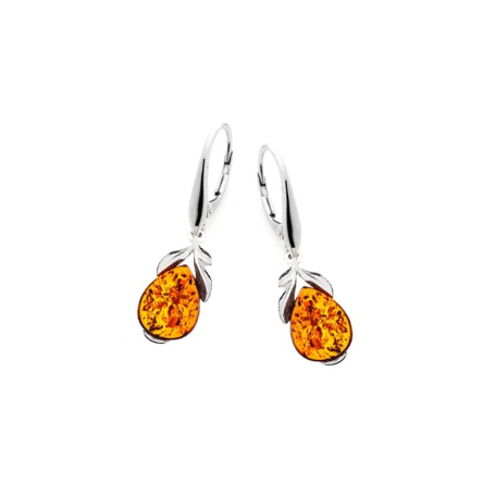 Drop earrings with natural cognac amber, rhodium-plated silver 925