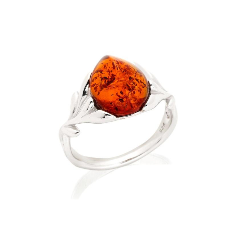 Ring with natural cognac amber from the Baltic Sea drop, in rhodium-plated silver 925