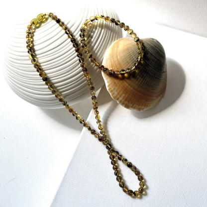 Bracelet avec ambre vert naturel de la mer Baltique boule, longueur 18-19 cm
