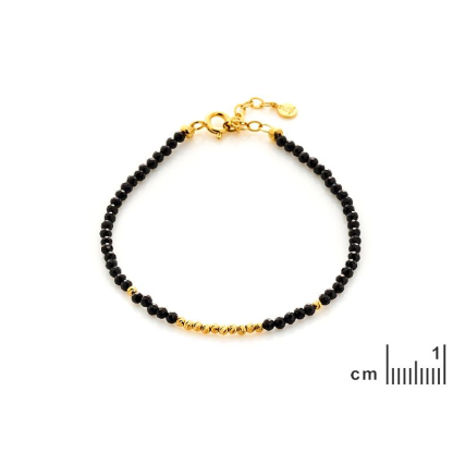 Pulsera con espinela negra natural, en plata dorado 925, longitud 15,5 + 3 cm