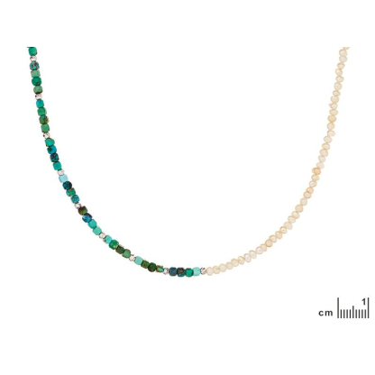 Collier avec turquoise naturelle et perle, argent rhodié, 33 + 5 cm