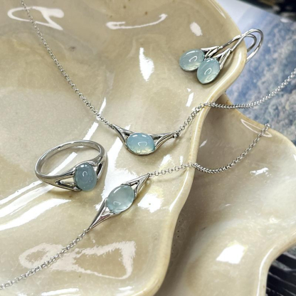Necklace with natural aqua tinted agate, 925 rhodium silver, length 40 + 3 cm