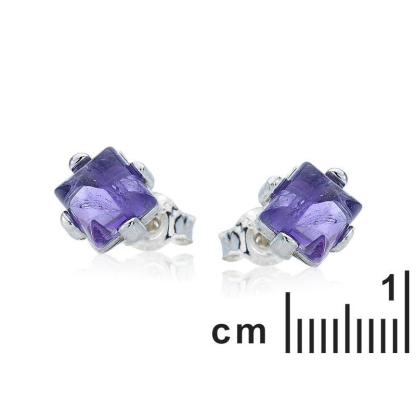 Orecchini a bottone con ametista viola naturale quadrata, in argento 925 rodiato