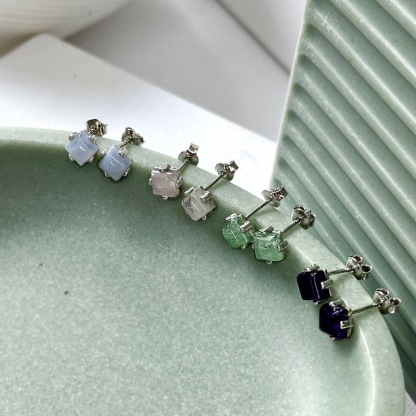 Square white moonstone stud earrings, in 925 rhodium silver