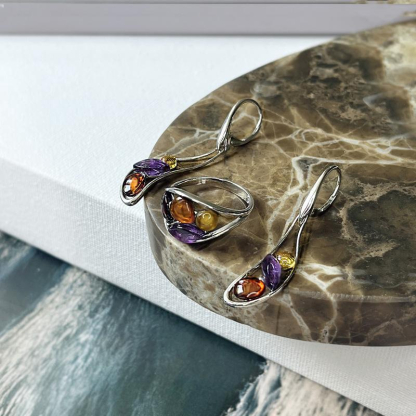 Boucles d'oreilles avec améthyste et ambre, en argent rhodié 925