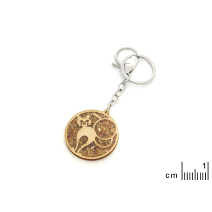 Kat-sleutelhanger van berkenhout, metaal en barnsteen, diameter 4 cm