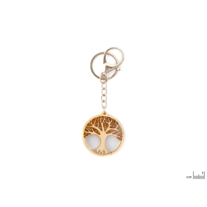 Levensboom sleutelhanger in berken, metaal en barnsteen, diameter 4 cm