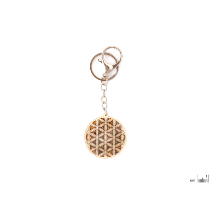 Breloc Floarea vieții din mesteacăn, metal și chihlimbar, diametru 4 cm